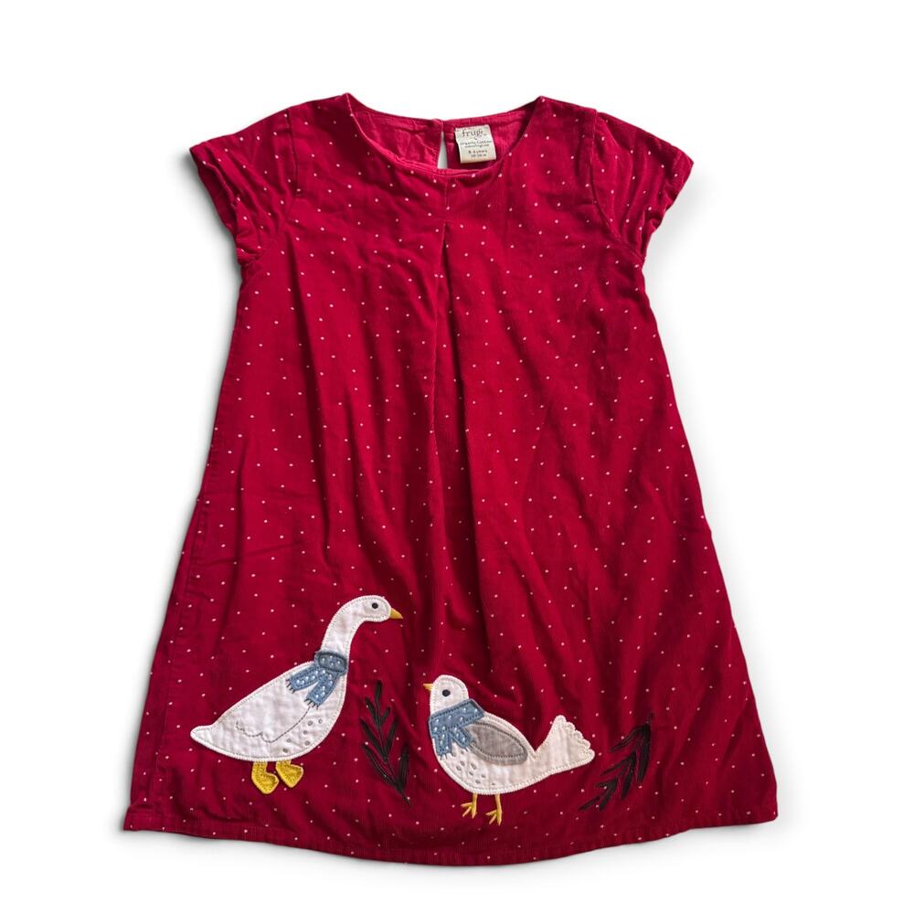 Frugi organic cotton red corduroy dress with bird appliqués